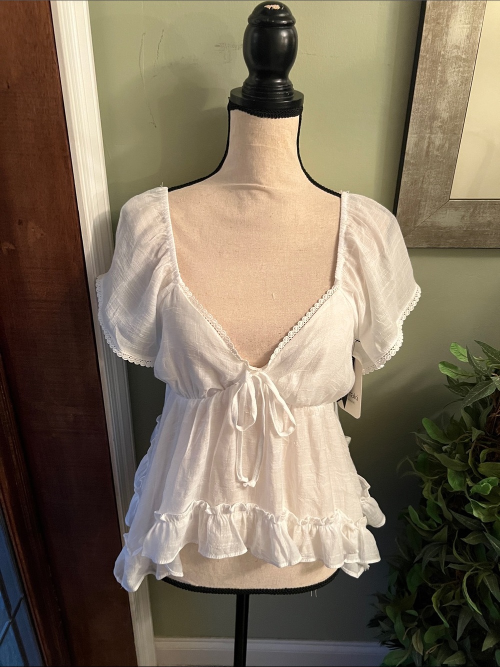 meraki White Tie-Front Ruffle Peasant Blouse